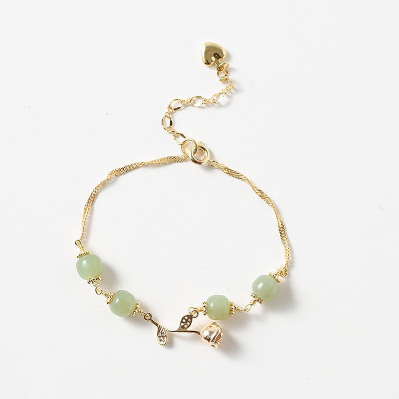 14K Gold Plated Hetian Jade Golden Rose Flower Luck Chain Bracelet