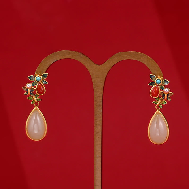 Water Drop White Jade Red Agate Butterfly Protection Drop Dangle Earrings