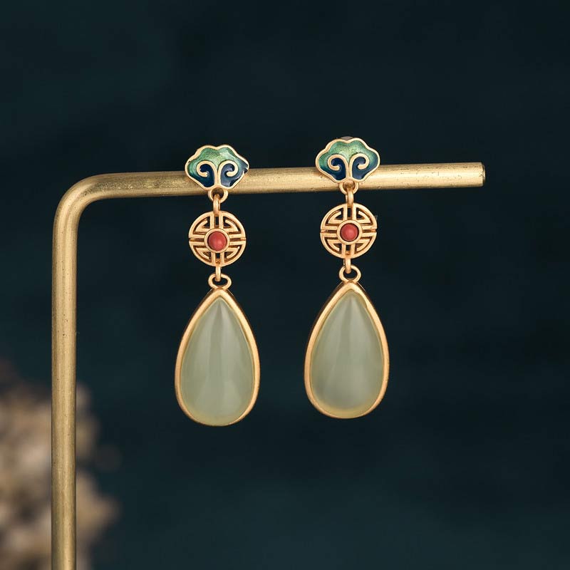 Handmade Jade and Copper Double Happiness Symbol 36mm Drop Earrings