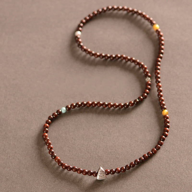 925 Sterling Silver Indian Small Leaf Red Sandalwood Fu Character Protection Triple Wrap Bracelet