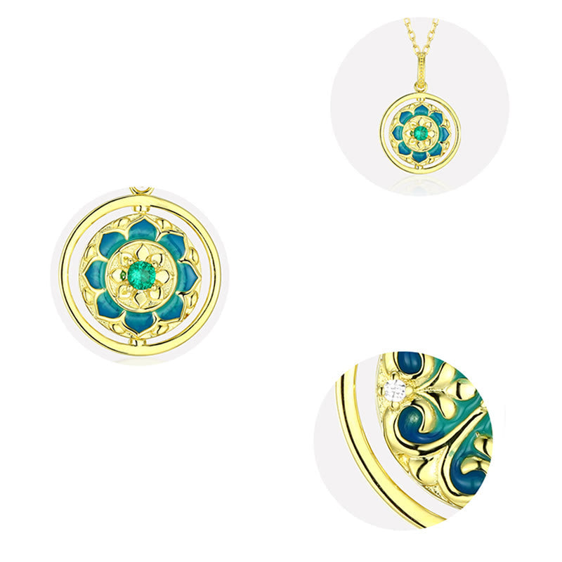 925 Sterling Silver Lotus Flower Floral Zircon Enlightenment Rotatable Necklace Pendant