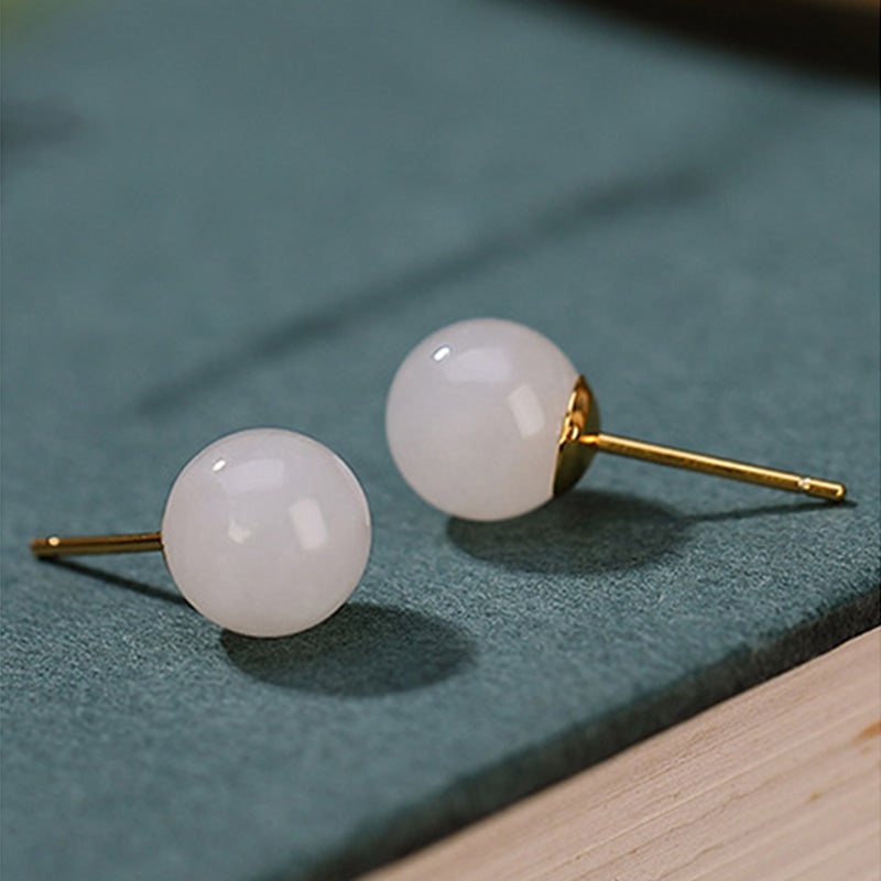 Handmade 925 Sterling Silver Round White Jade and Gold Minimalist Stud Earrings