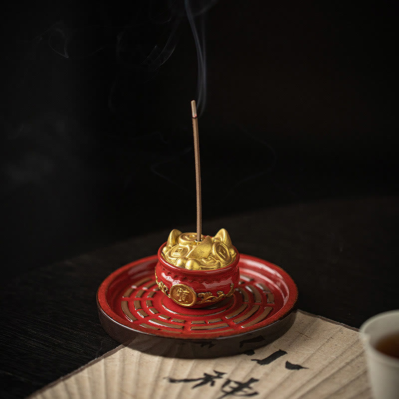 Ceramic Bagua Tray & Symbolic Wealth Vessel Stick Incense Burner