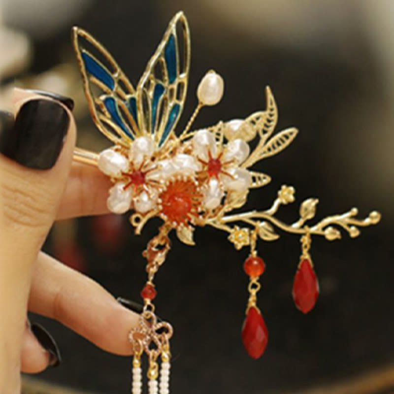 Classical Chinese Style Flower Branche Butterfly Pearl Tassel Hair Clip Hair Comb Hair Crown