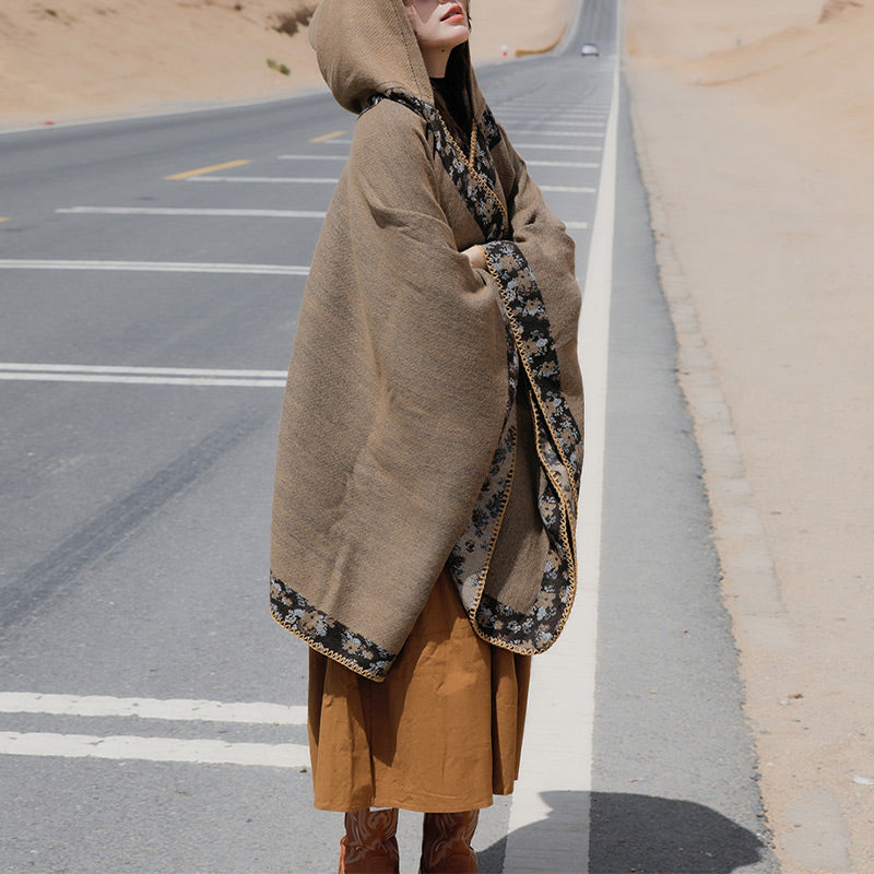 Tibetan Shawl Border Small Floral Flower Hooded Cloak Winter Cozy Travel Scarf Wrap