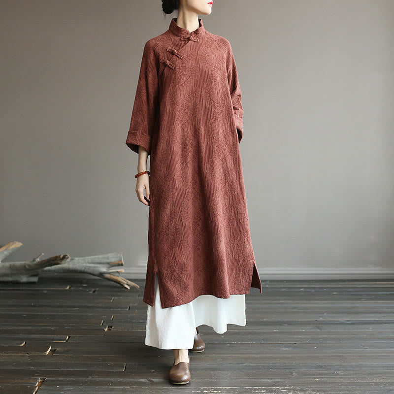 Flower Jacquard Midi Dress Long Sleeve Cotton Linen Dress Wide Leg Pants With Pockets