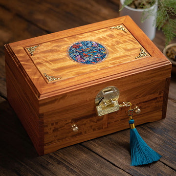 Handmade Antique Rosewood Double Layer Lockable Flower Jewelry Storage Box