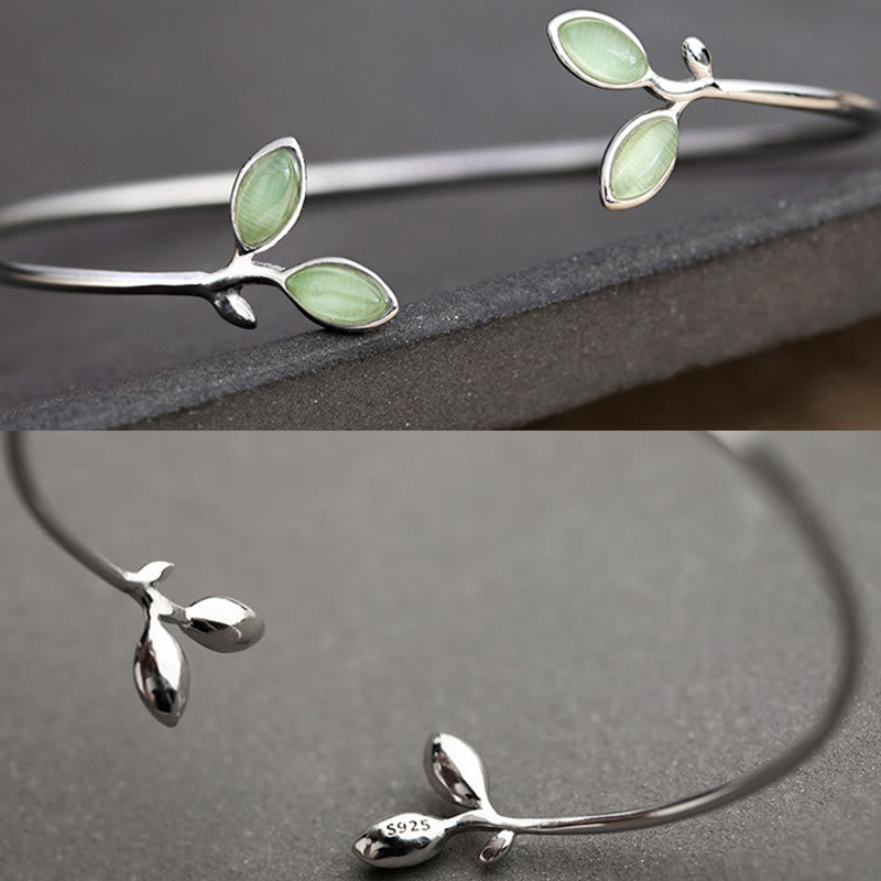 Leaf Pattern Cat Eye Support Cuff Bracelet Bangle