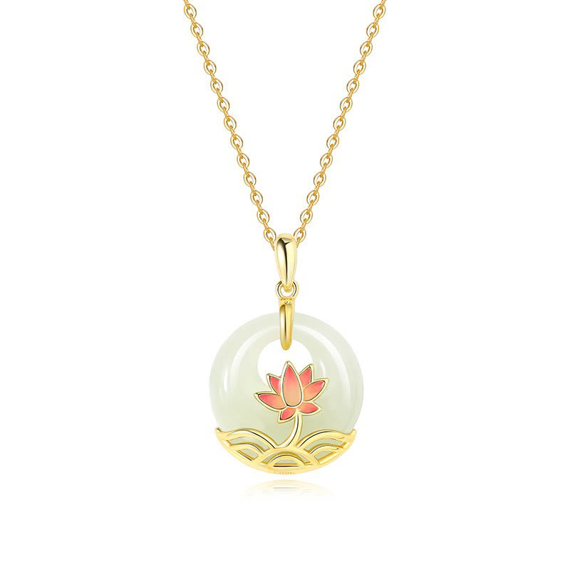 925 Sterling Silver Hetian White Jade Lotus Flower Blessing Necklace Pendant