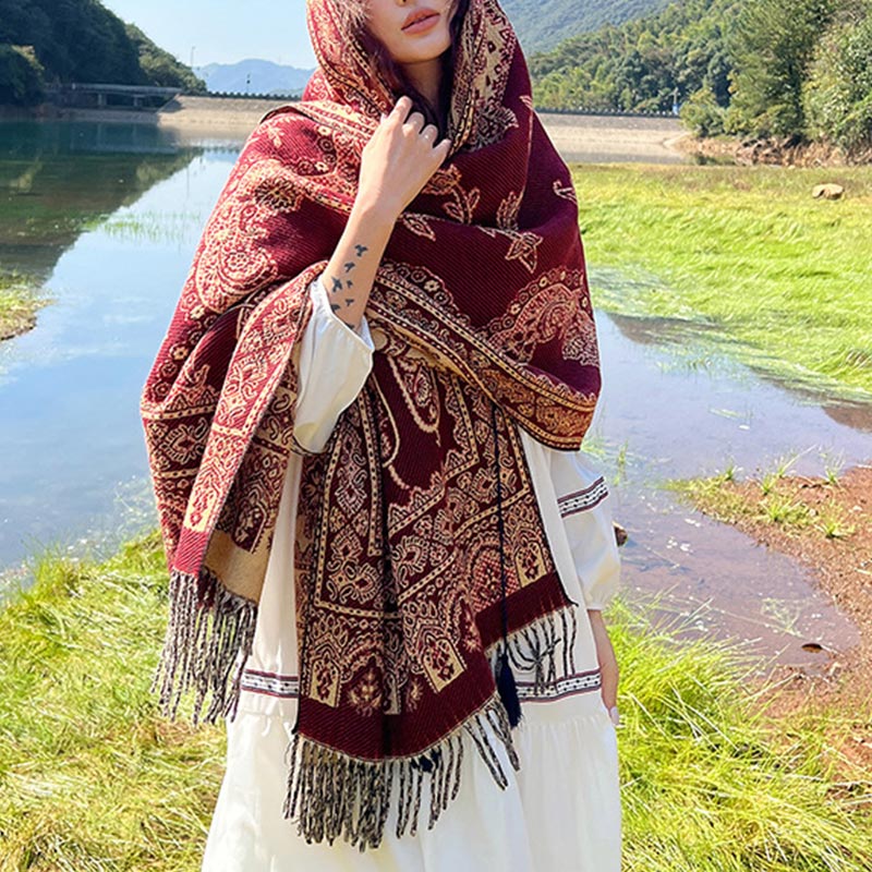 Vintage Tibetan Leaves Pattern Design Shawl Cozy Travel Scarf Wrap