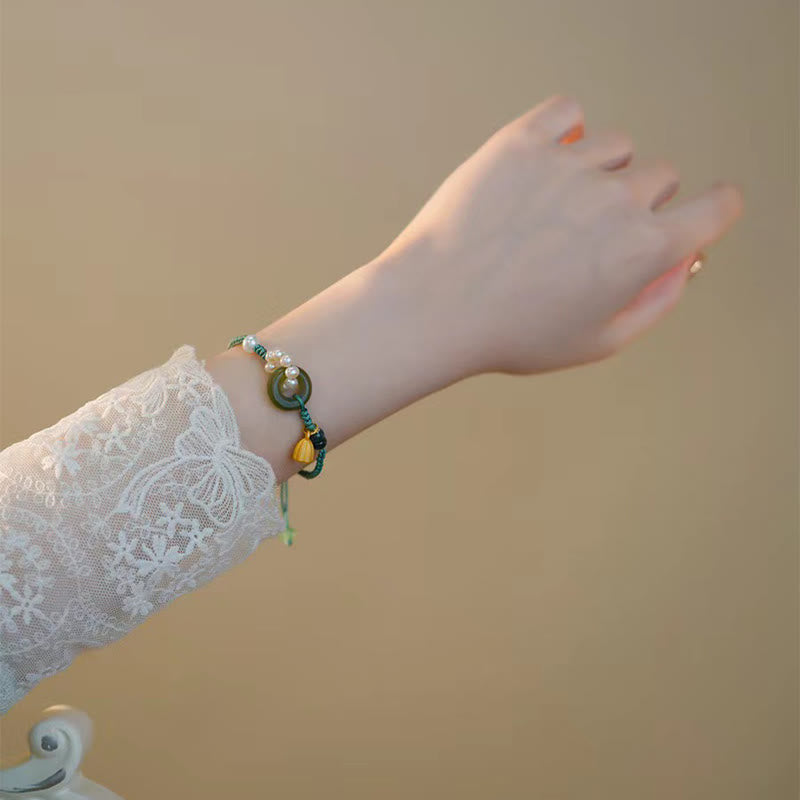 Natural Hetian Jade Peace Buckle Pearl Luck Handcrafted Braided Bracelet