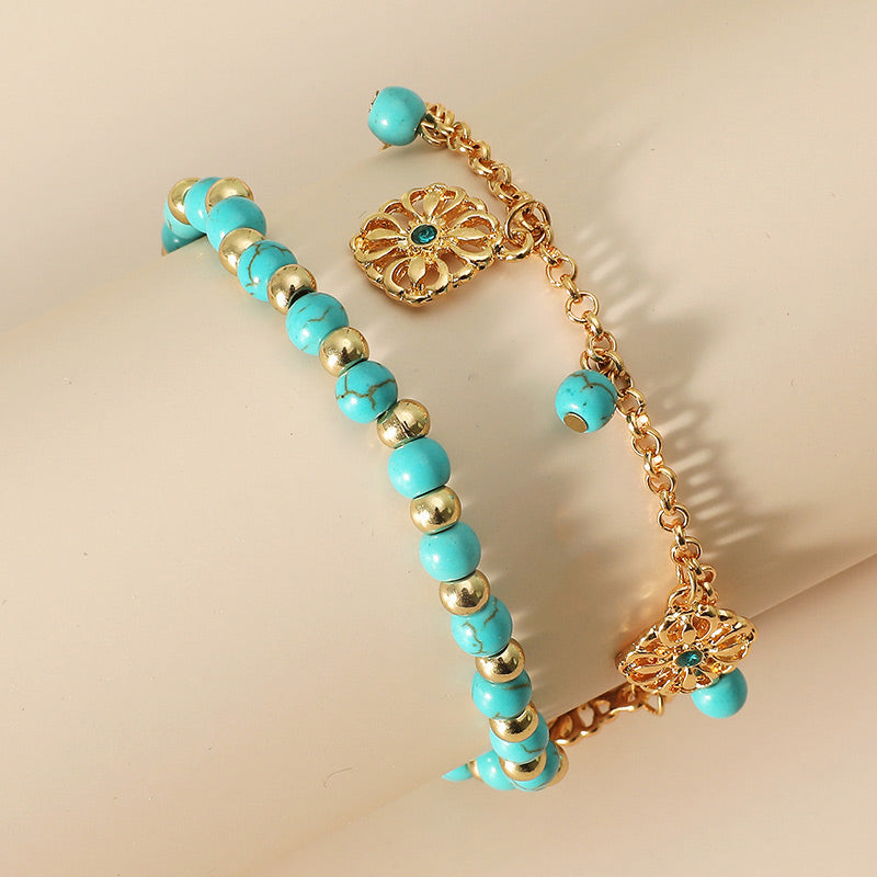 2Pcs Turquoise Flower Charm Bracelet and Anklet Set