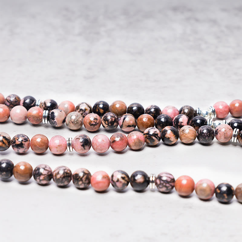 108 Mala Beads Rhodonite Lotus Compassion Energy Bracelet