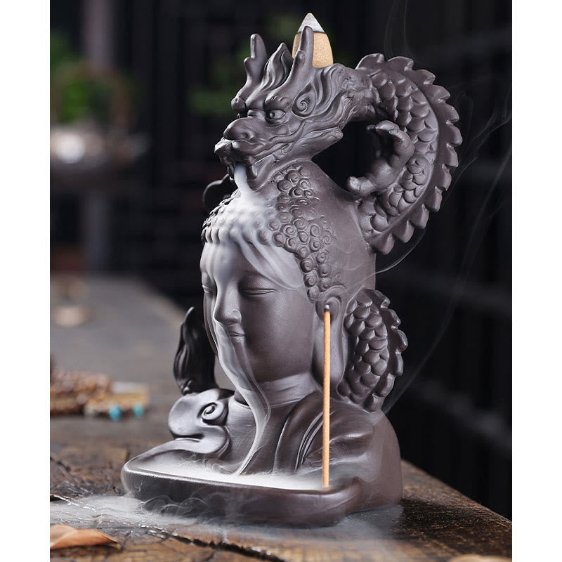 Dragon Buddha Auspicious Clouds Purple Clay Healing Incense Burner Decoration