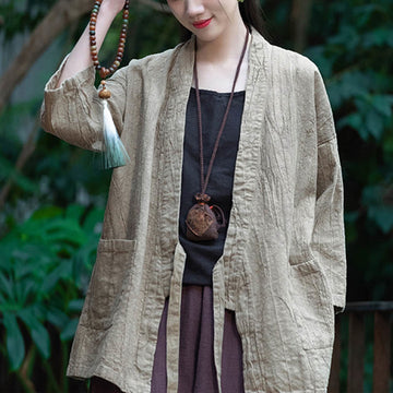Hanfu Design Three Quarter Sleeve Ramie Linen Coat Open Front Top Jacket