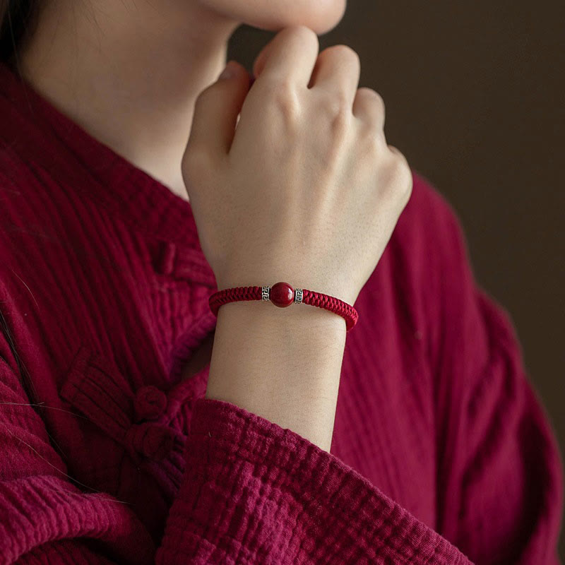 Handmade 925 Sterling Silver and Natural Cinnabar Braided Red String Bracelet