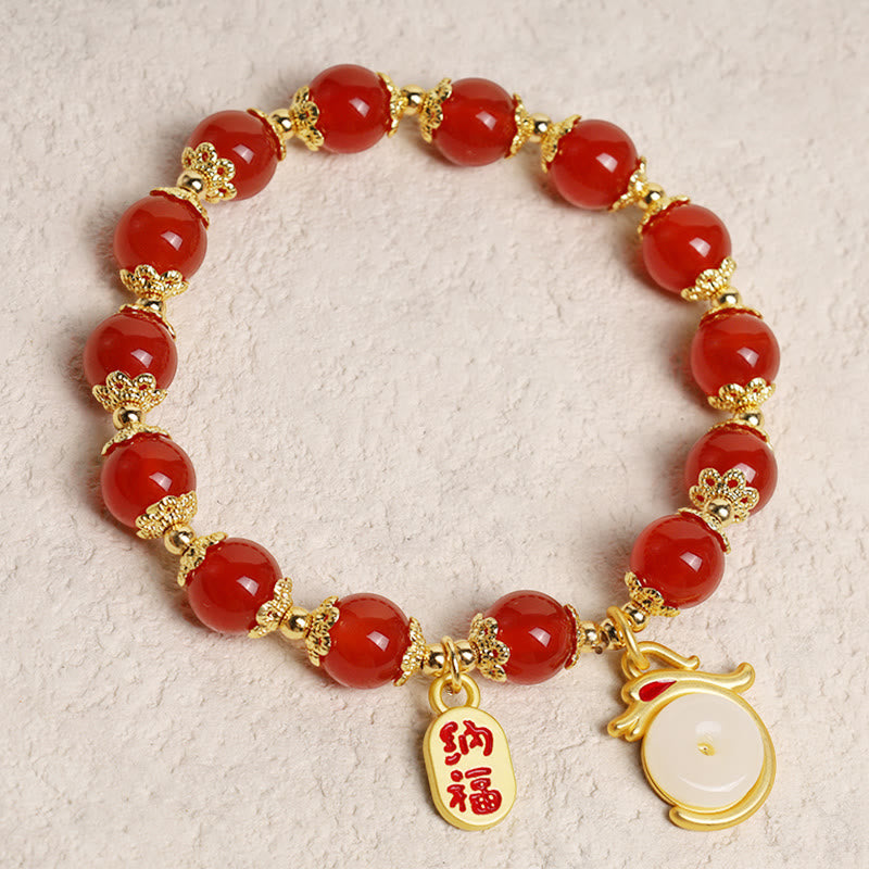 Year of the Dragon Red Agate Green Aventurine Peace Buckle Fu Character Lucky Fortune Bracelet