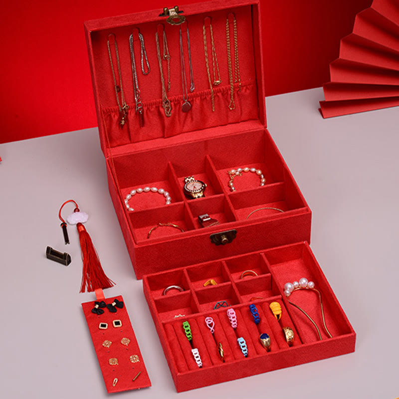Elegant Two-Layer Flannel Jewelry Box Organizer with Secure Lock
