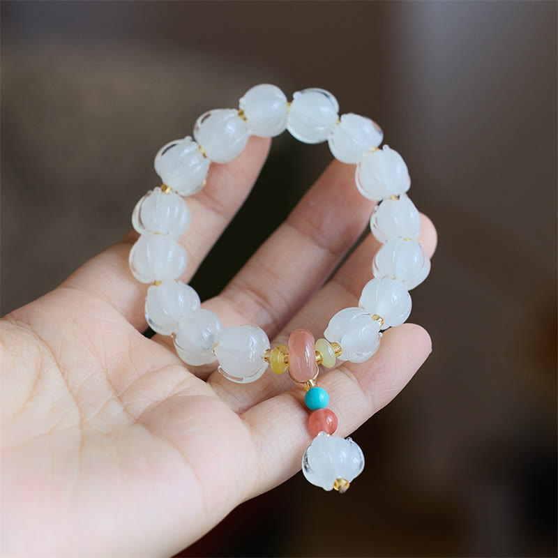 Guardian Lion & Lotus Charm Fluorite Liuli Glass Beaded Bracelet