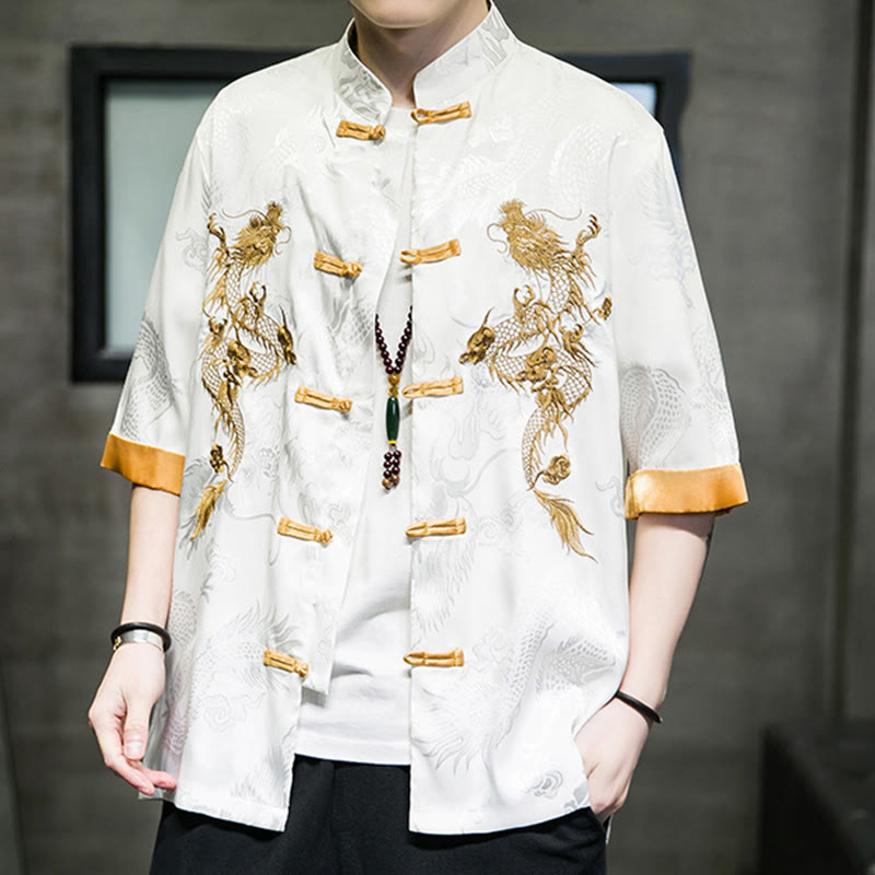 Frog-Button Chinese Dragon Embroidery Half Sleeve Shirt Linen Men Clothing