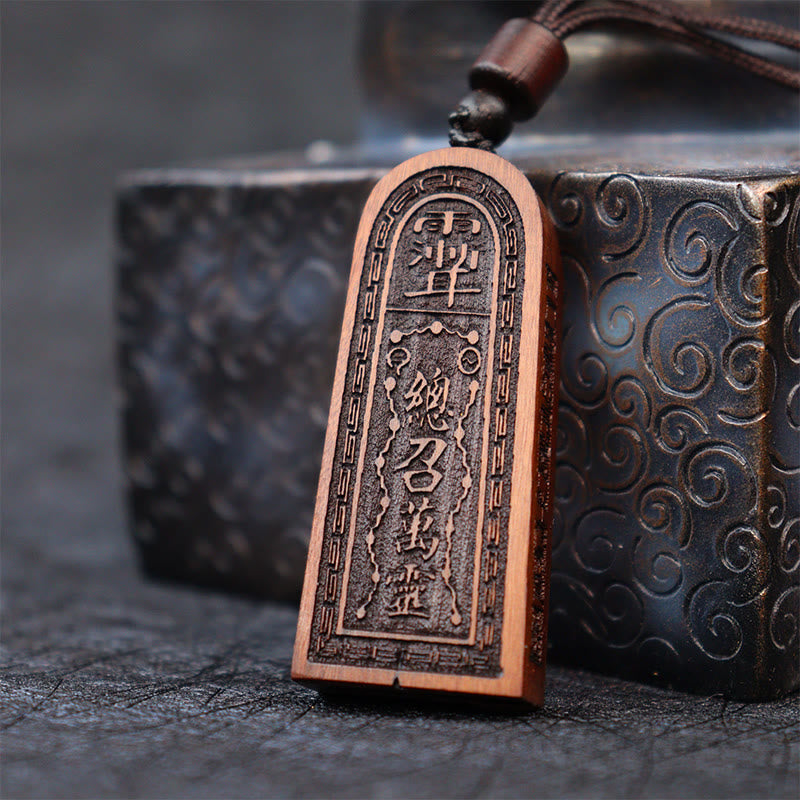 Lightning Struck Jujube Wood Taoist Five Thunder Order Luck Protection Necklace Pendant