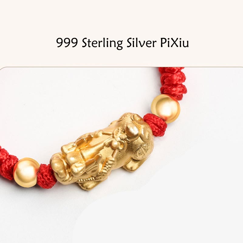999 Sterling Silver Pixiu Red String Braided Vajra Knot Bracelet for Kids