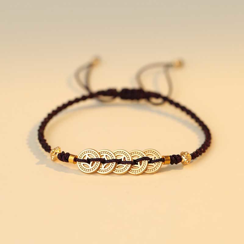 Hand-Braided Copper Tree of Life & Chinese Coin Red String Bracelet