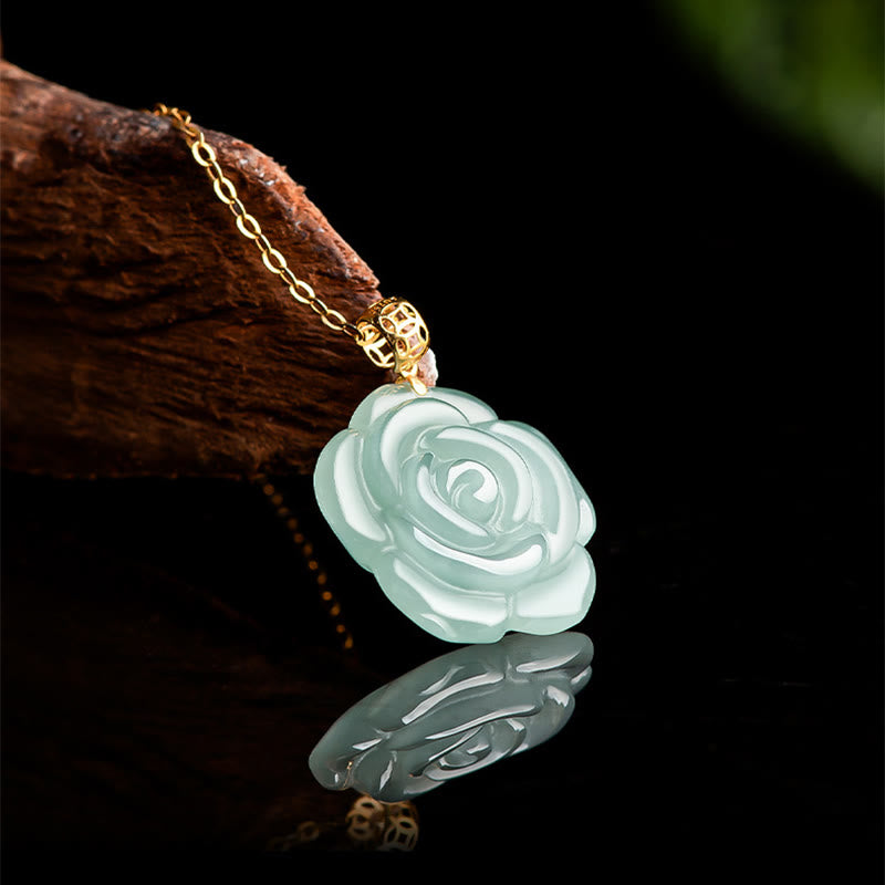 18K Gold Buckle 925 Sterling Silver Chain Natural Jade Rose Luck Necklace Pendant
