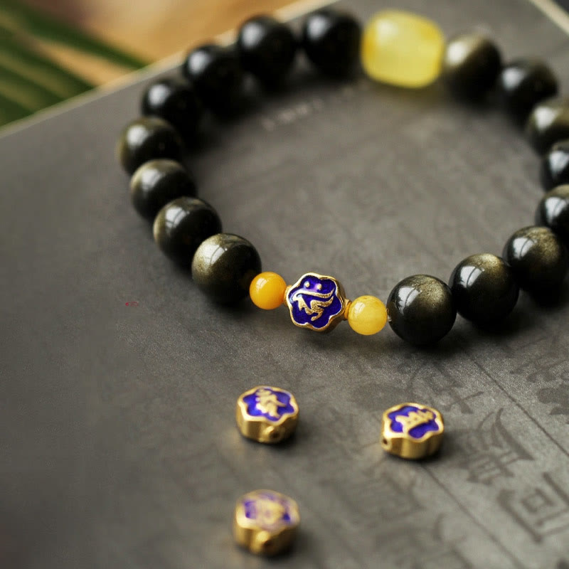 Natural Gold Sheen Obsidian & Amber Bracelet with 925 Sterling Silver and Zodiac Guardian
