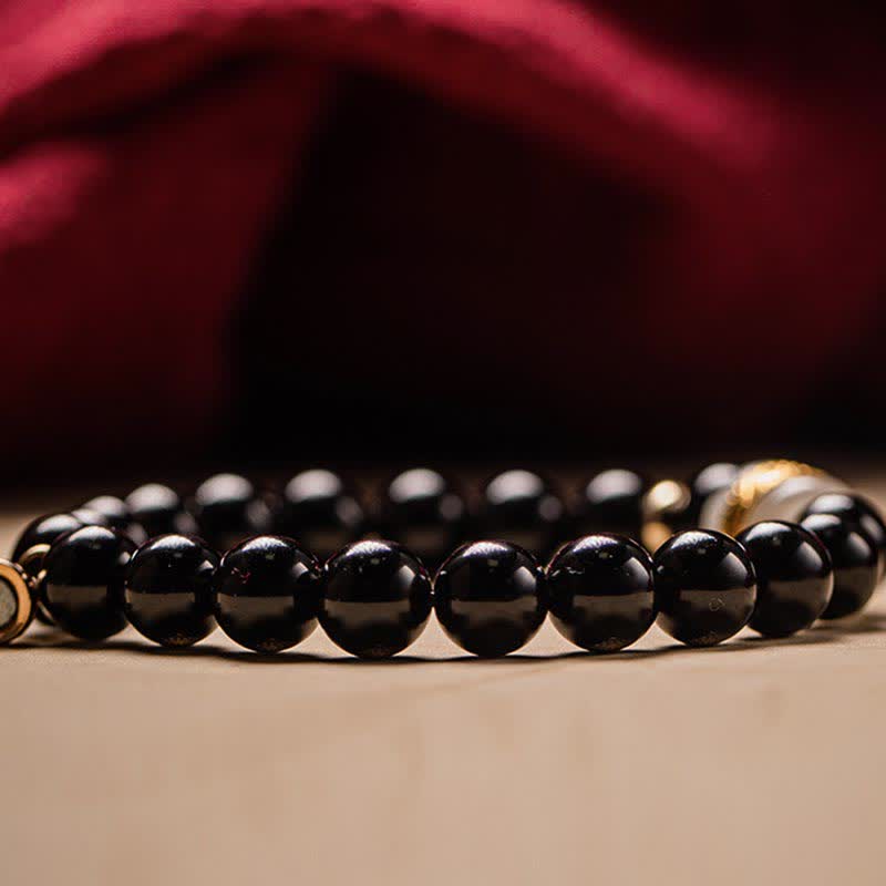Magnetic Black Obsidian and Jade Om Mani Padme Hum Mantra Gold Plated Couple Bracelet