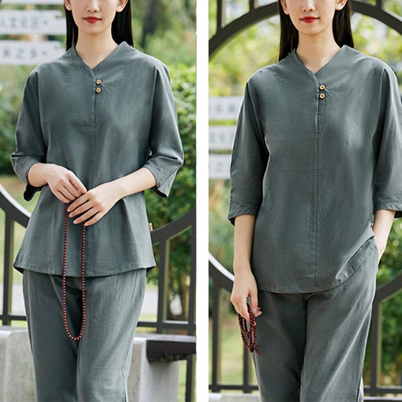 2Pcs Shirt Top Pants Meditation Zen Tai Chi Cotton Linen Clothing Women's Set