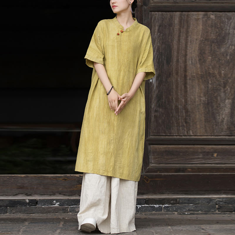 Handmade Tie Dye Ramie Linen Midi Dress Wide Leg Pants With Pockets