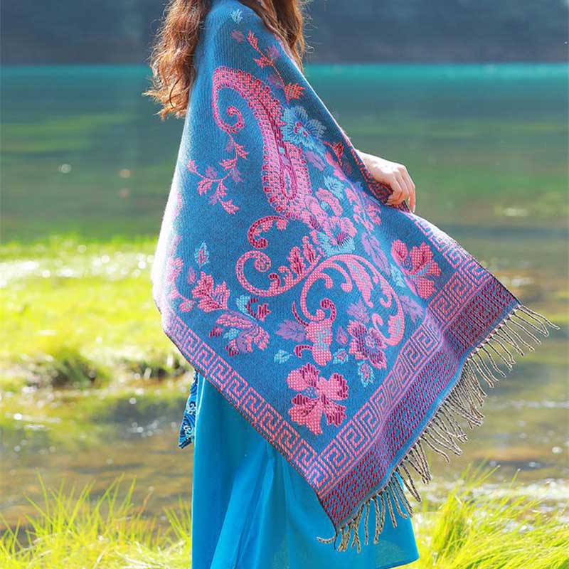Tibetan Flowers Leaves Pattern Design Shawl Cozy Travel Scarf Wrap