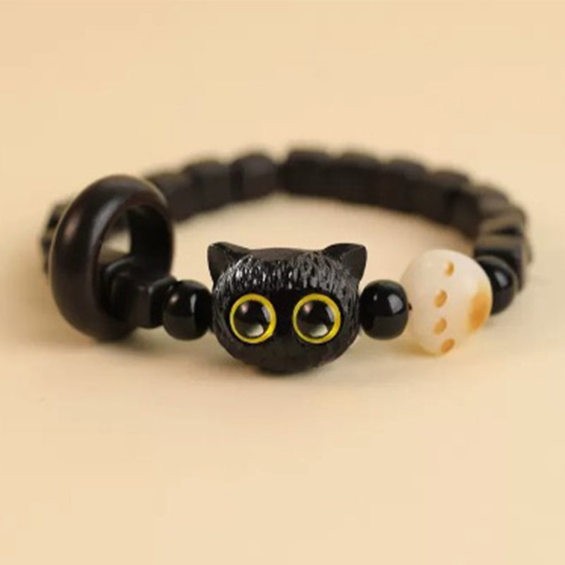 Cute Ebony Wood Cat Head Pattern Peace Bracelet