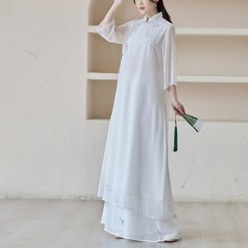 Bamboo Cheongsam Dress Midi Dress Wide Leg Pants Meditation Spiritual Zen Practice Clothing