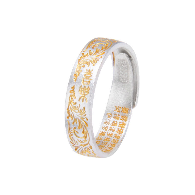 999 Sterling Silver Gold-Painted Joyful Flower Pattern Peaceful Heart Sutra Ring
