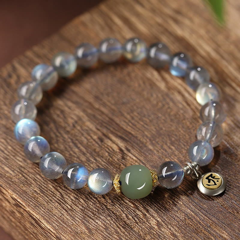 Chinese Zodiac Natal Buddha 925 Sterling Silver Natural Moonstone Hetian Jade Positive Bracelet