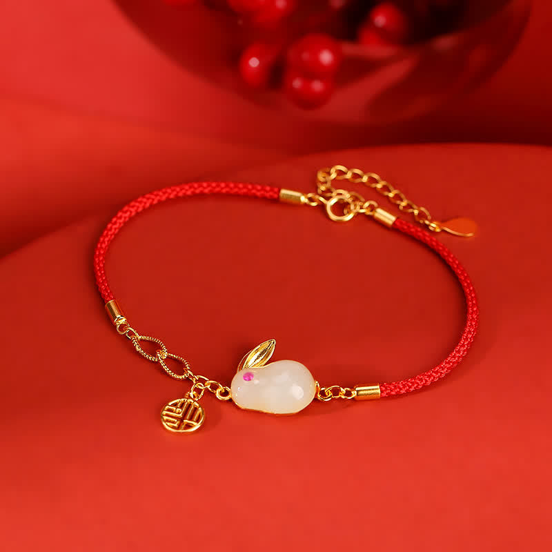 Sterling Silver & Hetian White Jade Red String Bracelet with Gold Buddha & Rabbit Accents