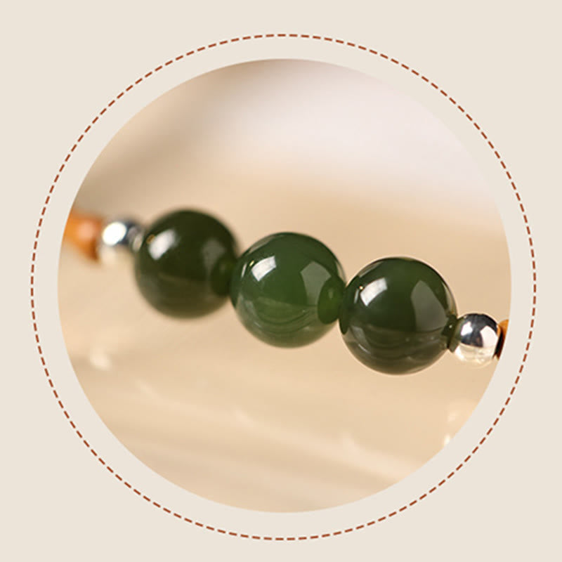 Natural Olive Pit & Hetian Jade Beaded Bracelet with Bamboo Pattern and White Copper Elements
