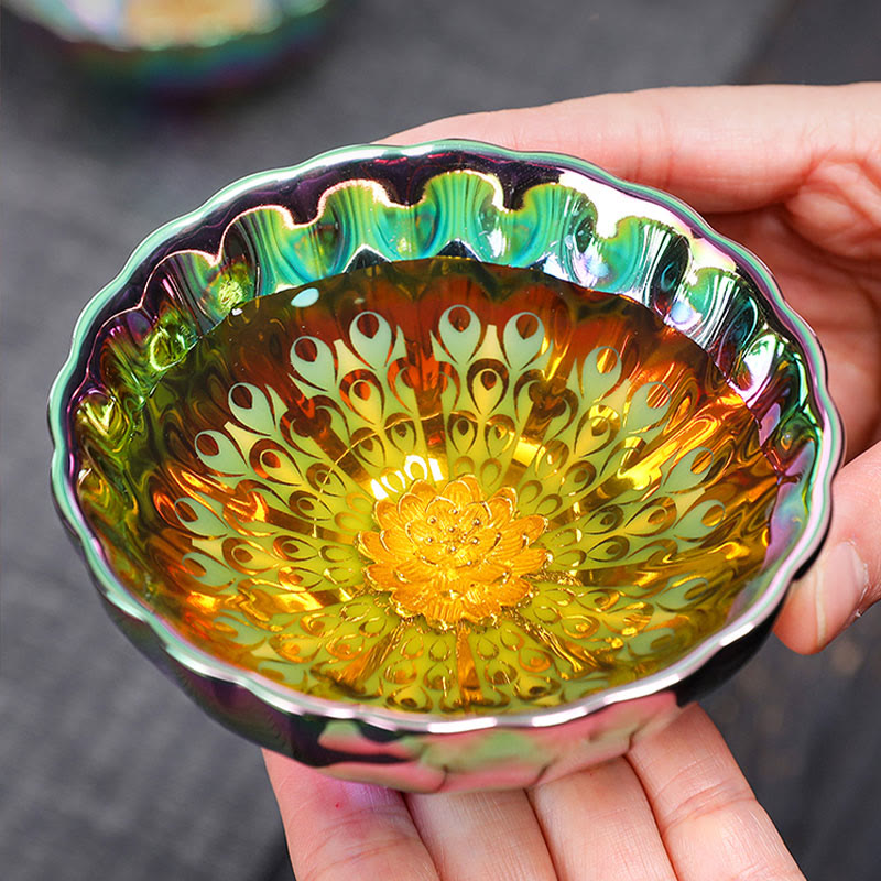 Vivid Peacock Lotus Inlaid Design Colorful Chinese Jianzhan Ceramic Teacup Kung Fu Tea Cup