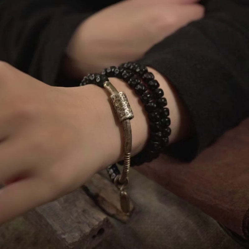 Retro Coconut Shell with Brass and Copper Accents Triple Wrap Bracelet