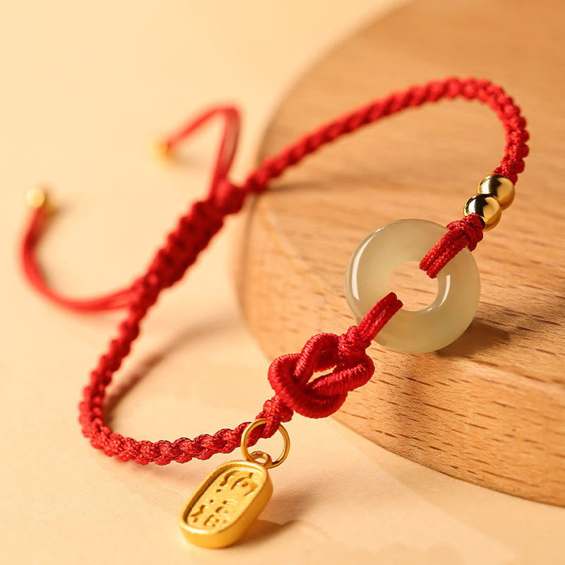 Hetian Jade Ping An Kou & Sterling Silver Fu Symbol Adjustable Cord Bracelet