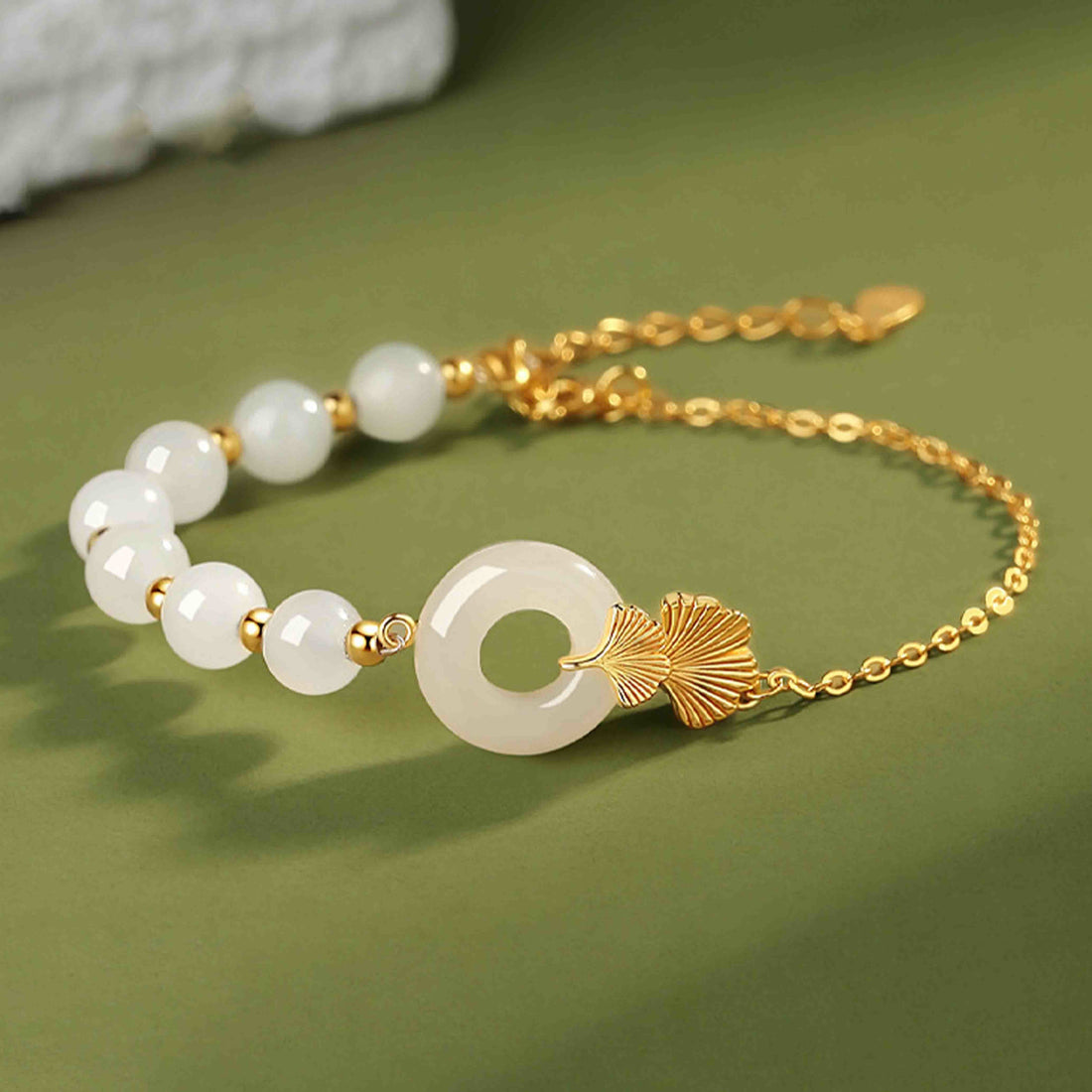 925 Sterling Silver Hetian White Jade Peace Buckle Ginkgo Leaf Luck Bracelet