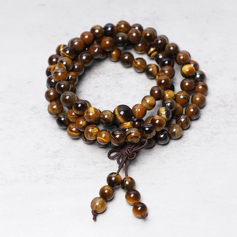 Tibetan 108 Natural Tiger Eye Gemstone Prayer Mala Necklace Bracelet