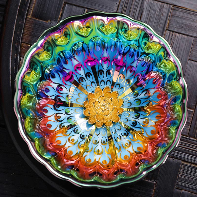 Vivid Peacock Lotus Inlaid Design Colorful Chinese Jianzhan Ceramic Teacup Kung Fu Tea Cup