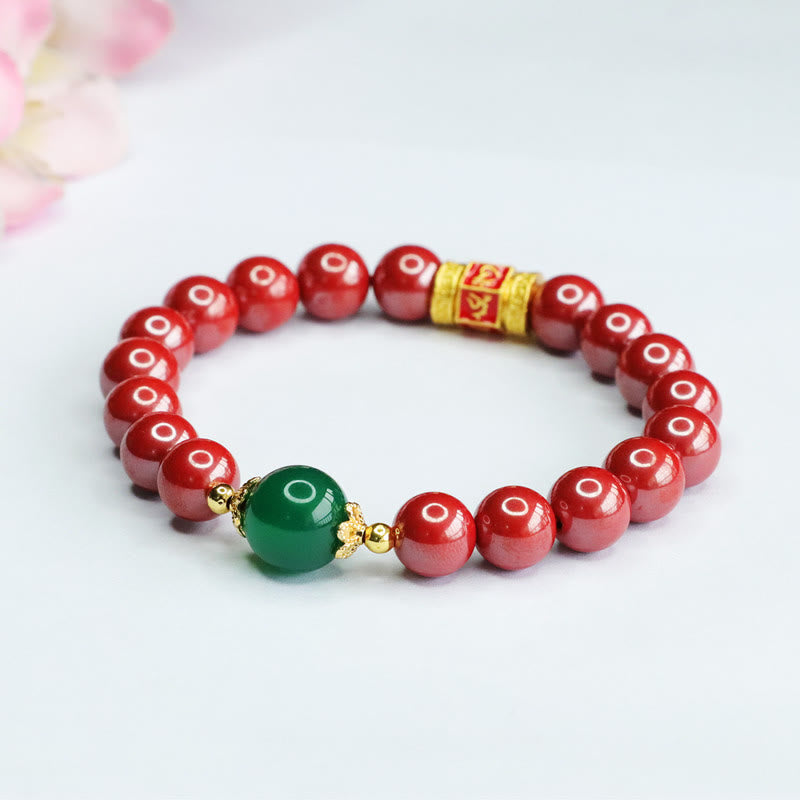 Natural Cinnabar and Green Agate Om Mani Padme Hum Inscribed Bead Bracelet