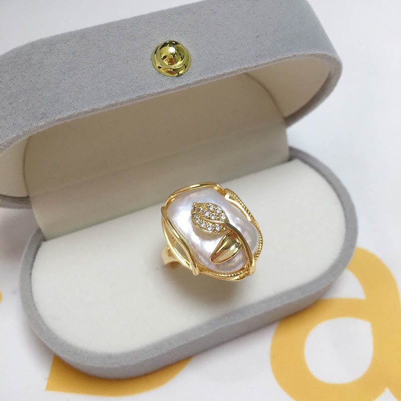 Pearl Copper Plated Gold Flower Happiness Wealth Ring