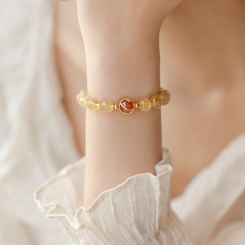 Golden Rutilated Quartz Strawberry Quartz Star Protection Bracelet