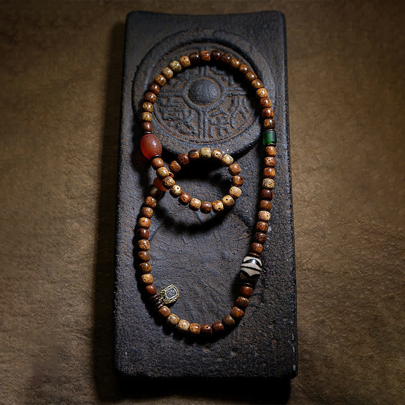 Tibetan Bodhi Seed Amber Dzi Bead Agate Zakiram Goddess of Wealth Beads Triple Wrap Bracelet