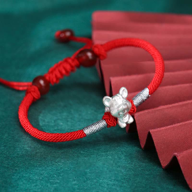 Handcrafted 999 Fine Silver Chinese Zodiac Red String Adjustable Bracelet